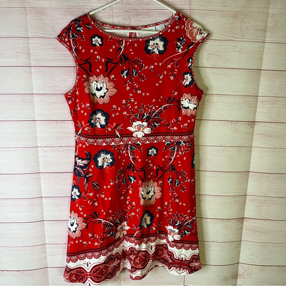 New York & Company Petite‎ 100% Cotton Red Floral Pockets Dress Size LP